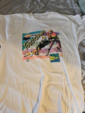 Vintage 'Touchdown' Football Tee - White with Neon Graphic